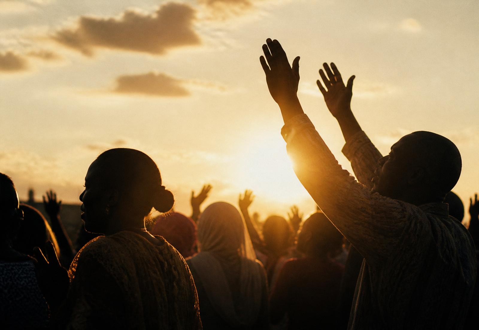 Hands lifted in worship at sunset